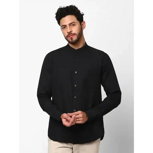 Indivisual Men's Band Collar Solid Carbon Black Shirt