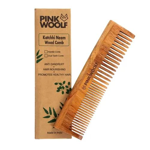 PINK WOOLF Kacchi Neem Wood Comb for Women, Detangle your Hair and Control Frizz, Anti-Bacterial Hair Styling Comb with Fine & Wide Teeth Comb, LONG. Made in India