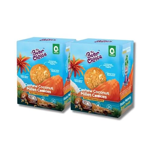 The Bettr Choice Cashew Coconut Millet Cookies - 100% Whole Grain Blend with Natural Butter, Desiccated Coconut, Organic Jaggery, Ginkgo Biloba, No Added Refined Sugar - Healthy Snack