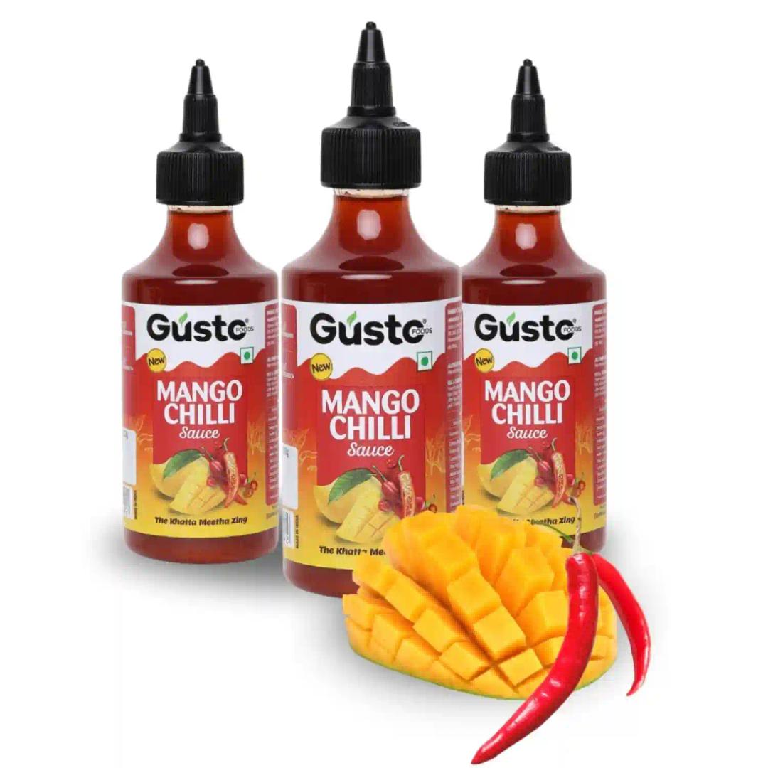 Gusto Foods Mango Sweet Chilli Sauce 720gm (Pack of 3)| Sweet and Sour Mango Sauce | Made with Fresh Alphanso Mangos & Sankeshwari & Kashmiri Chillies | Aam Chutney | Khatta Meetha Pickled Mango Sauce