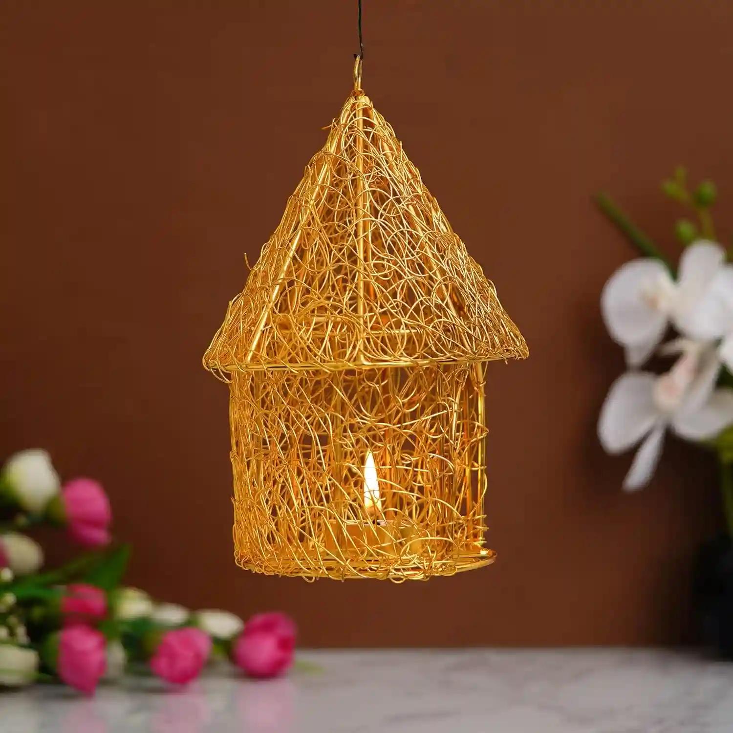 WEBELKART Hanging Bird Cage Nest tealight Candle Holder with Chain for Home and Office Decor| laltern tealight Candle Holder for Home| Hanging Lanterns for Home Decor