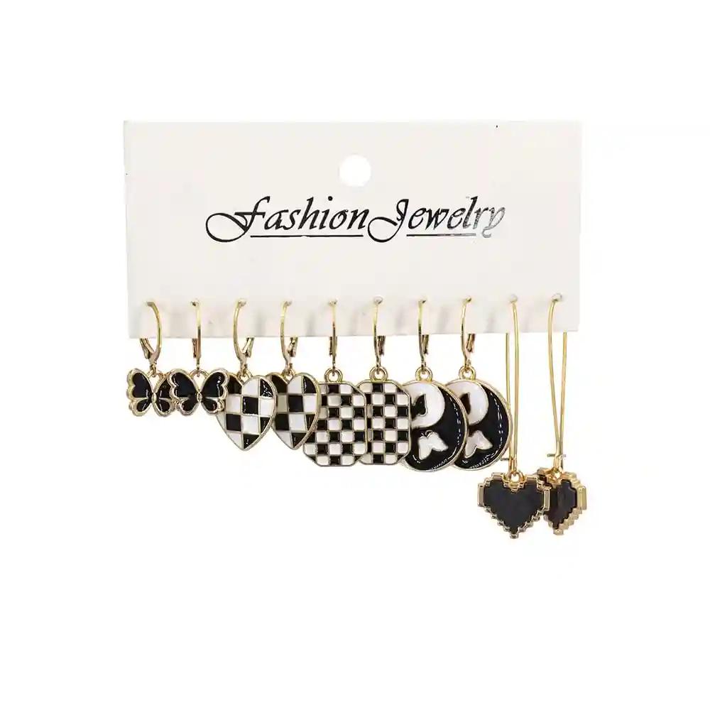 Hanging Checkered Black and White Earrings (Set of 5Pairs)