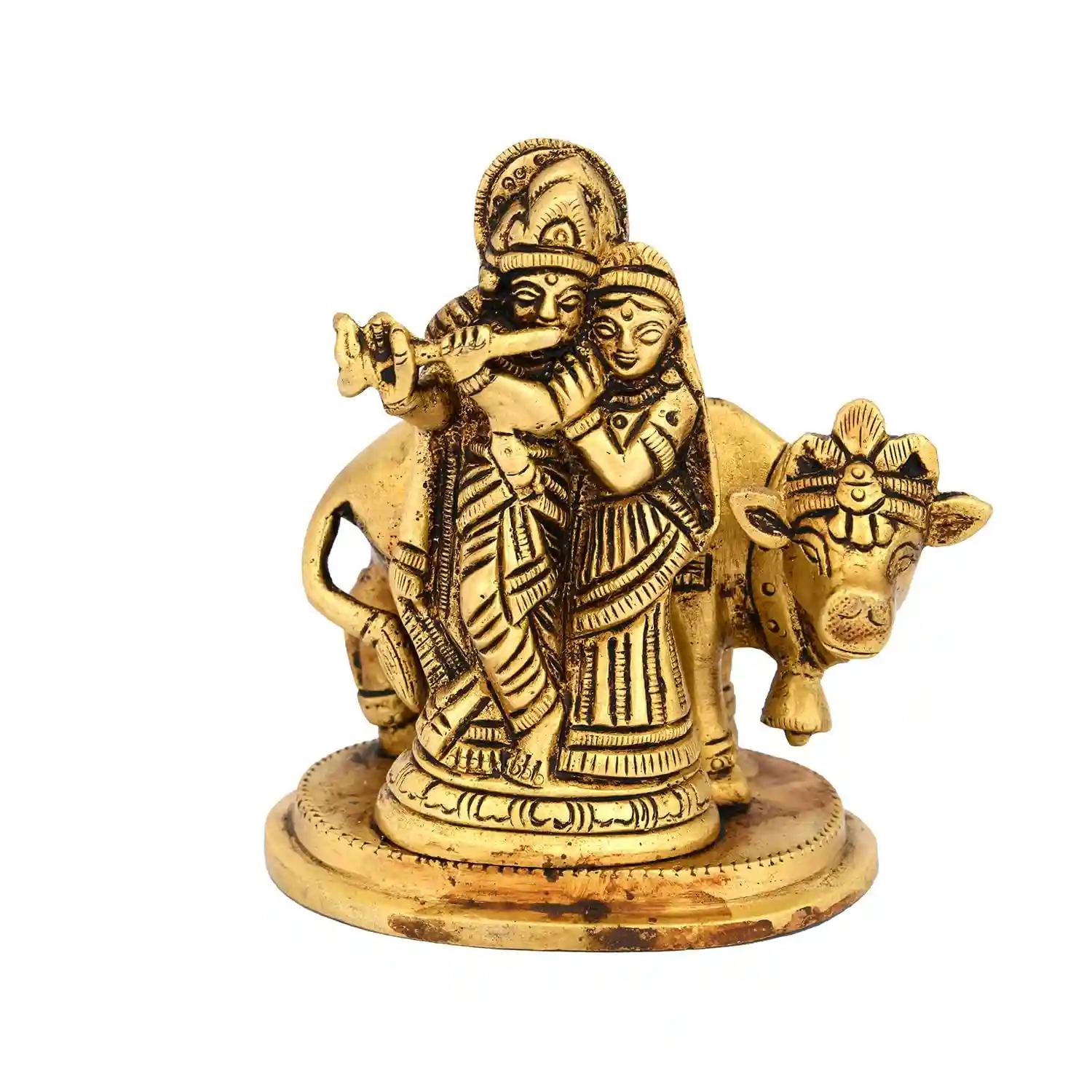 ALODIE- Brass Radha Krishna Idol with Cow , Standing Brass Lord Radha Krishna Idol Statue Decor Figurine Radha Krishna Janmashtami Gifts ,