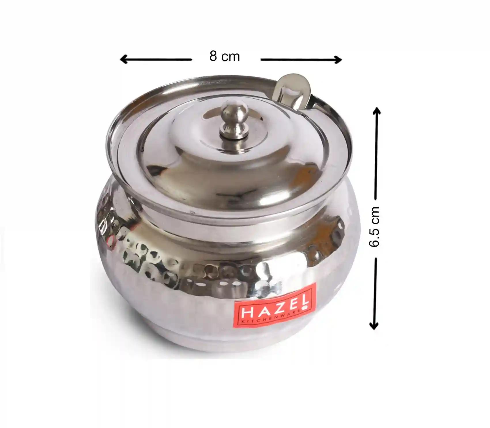 HAZEL Ghee Pot with Spoon | Stainless Steel Hammered Finish Ghee Container for Kitchen | Premium Oil Container with Lid for Pooja Items, 250 ML