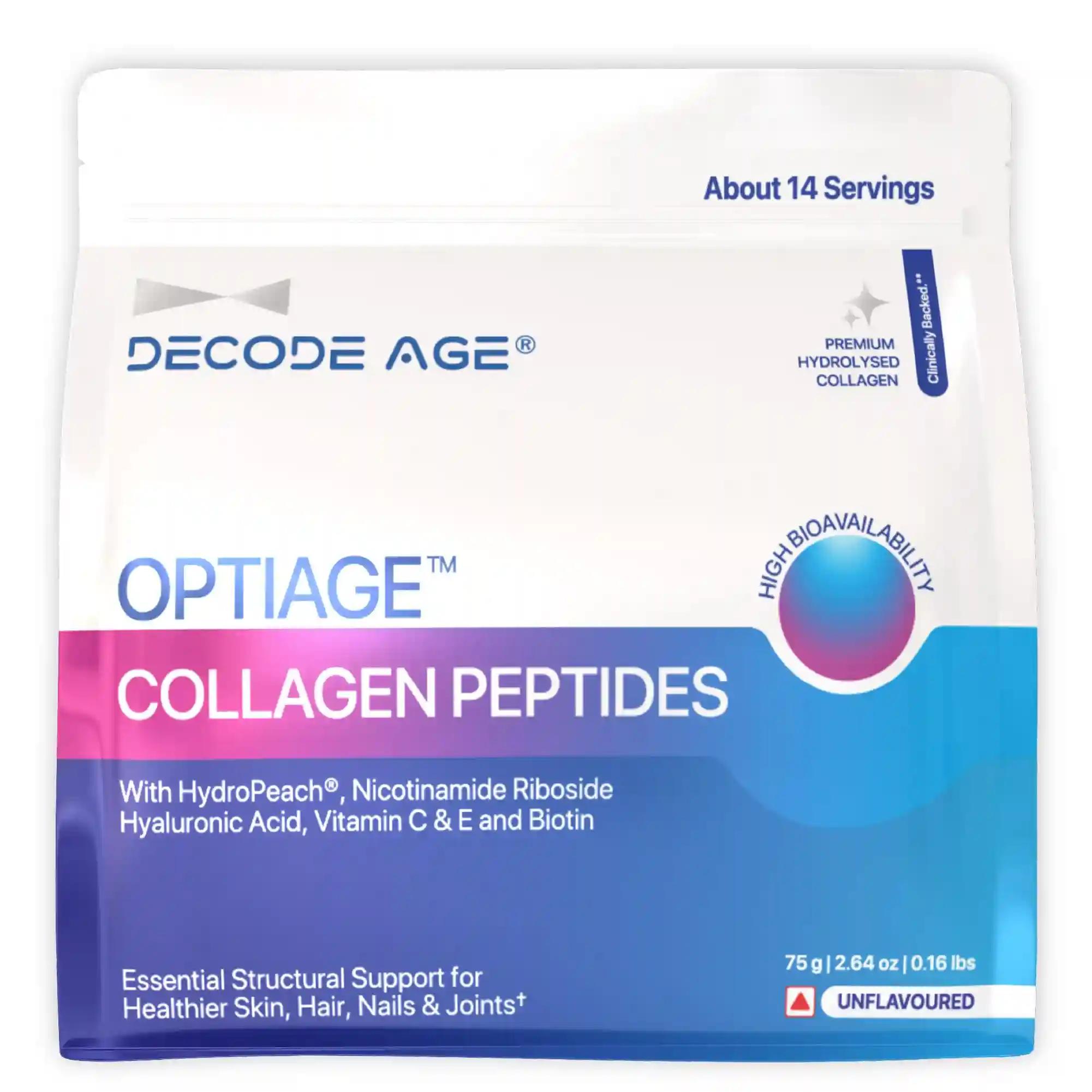 DECODE AGE OptiAge Collagen Supplement | Supports Hair, Skin, Bone and Joint Health | Type 1 Hydrolysed Collagen, HydroPeach, NR, Vitamin C& E, Hyaluronic Acid, Biotin | 75 gm, 14 Servings