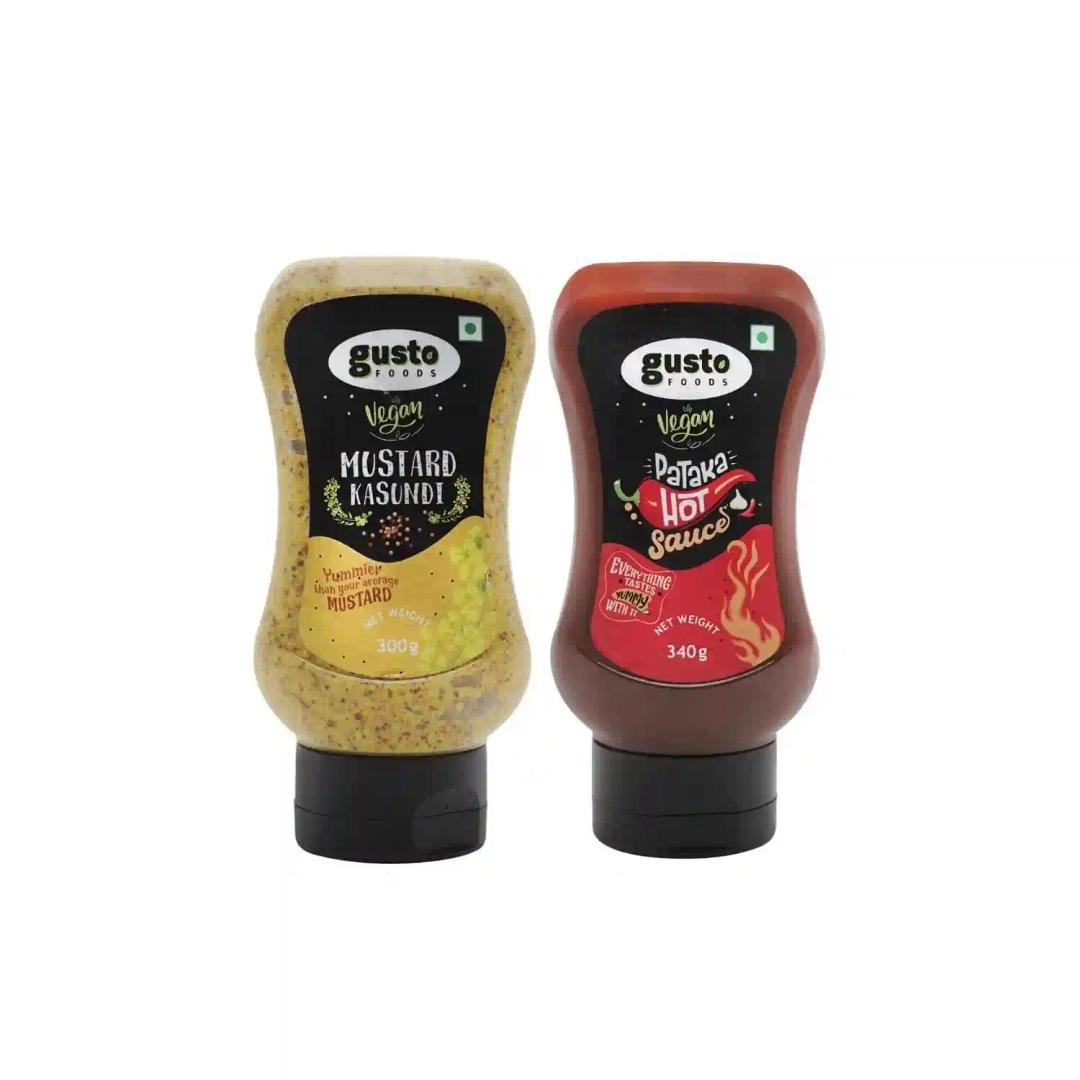 Gusto Foods Mustard Kasundi Sauce (300 grams) And Spicy Hot Chili Sauce (340 grams) Combo (1 Each) | Extra Spicy Gluten Free Chilli Garlic Sauce with Traditional Bengali Mustard Sauce