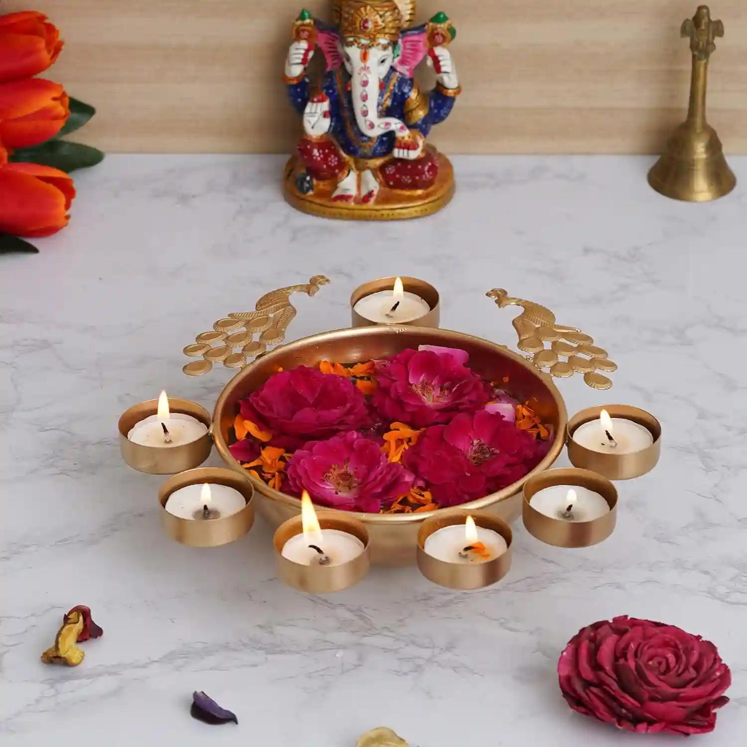 WEBELKART| Decorative Round Peacock Shape Urli Bowl for Home Beautiful Handcrafted Bowl for Floating Flowers and Tea Light Candles Home, Office and Table Decor Special for Diwali