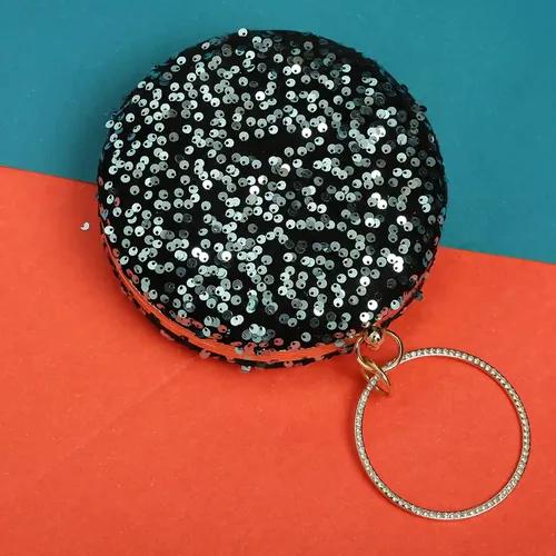 Women's Round Embroidery Clutch - Black