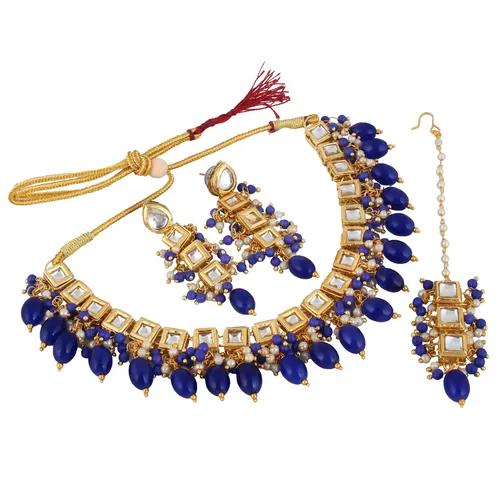 Gold Plated(18k) Meenakari Square Uncut Kundan Choker Necklace Set With Maang Tika - Blue