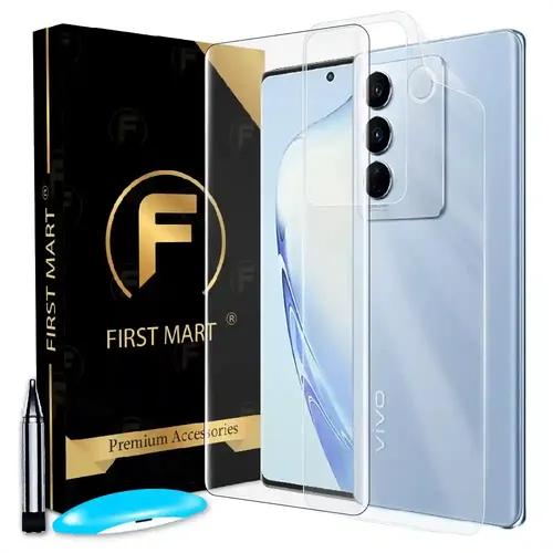 FIRST MART Tempered Glass for Vivo V27 Pro 5G with Edge to Edge Full Screen Coverage and Easy UV Glue Installation Kit and Back Nano Membrane