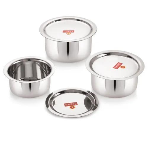 Hazel Utensils Set for Kitchen | Steel Tope Set with Lid & Flat Bottom, Set of 3, 300 ml, 500 ml & 700 ml | Boiling Vessels, Multipurpose Steel Bhagona