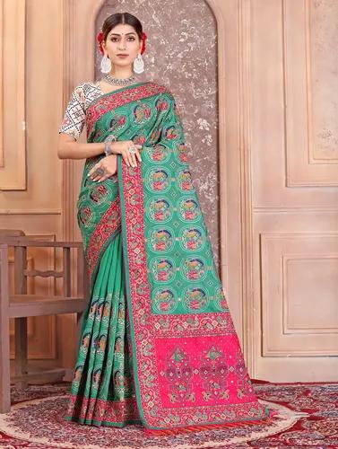 Embroidered Gaji Silk Saree - Turquoise