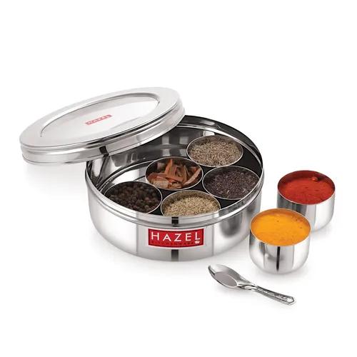 HAZEL Masala Box for Kitchen | See Through Masala Dabba | Stainless Steel Kitchen Masala Box Set of 7 Small Masala Jars | Big Steel Masala Container with Spoon