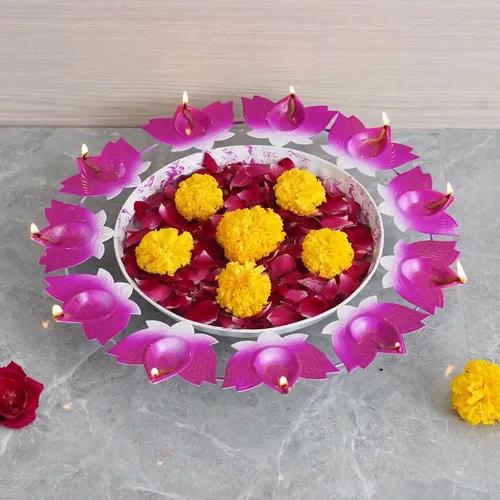 WEBELKART Lotus Diya Shape urli Bowl for Home and Pooja Decorations| Urli tealight Candle Holder for Home and Office Decor (15.74" Inches)- Diwali Candle Holder Pink