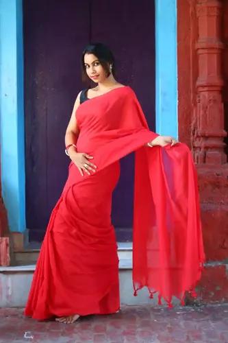 Pure Cotton Plain Saree - Red