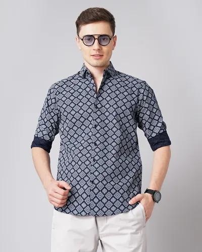 Navy Floral Motif Print Shirt