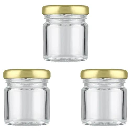 Shiva Organic Round Glass Jar for Kitchen Storage | Food Grade Glass Container | Golden Metal Cap | Air Tight Lid | Clear Transparent Jar