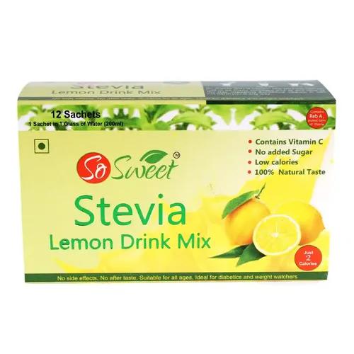 So Sweet Stevia Lemon Instant Drink Mix Sugar Free | Zero Calories| Enrich with Vitamin C | 12 Sachets