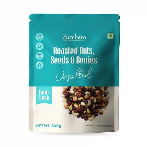 Zucchero Roasted Premium Nuts, Seeds & Berries, Unsalted, 800g (Mix of 14 Super Nuts, Seeds & Berries) | Oil-Free Roasting | No Salt | Slow baked Trail Mix | Dry Fruit