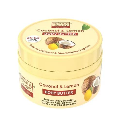 BRYAN & CANDY Body Butter pH 5.5 for 72Hrs Moisturization. Enriched with Ceramides and hyaluronic acid, |Non-Sticky Moisturizer for Women & Men (Coconut & lemon, 100gm)