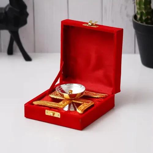 WEBELKART Premium Akhand Aarti Diya with Velvet Box Agarbatti Holder, Dhoop Holder and (Brass, Gold) (5" Inches) Diya for Diwali