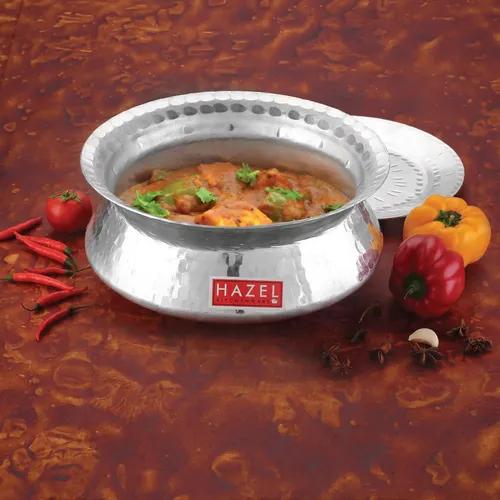 HAZEL Aluminium Hammered Finish Handi with Lid Biryani Rice Cooking Pot Dhari Patiya Tope Patila Vessel, 24 cm, 3600 ML Silver