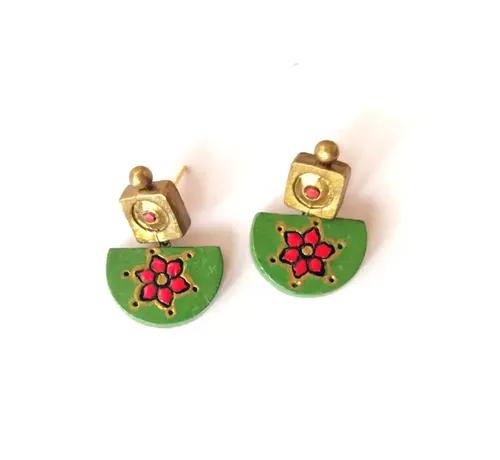 Flower Motif Ethnic Terracotta Earring for Women - Green