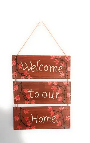 "Welcome to our Home" Hand Painted Wooden Wall Hanging Decor - Brown