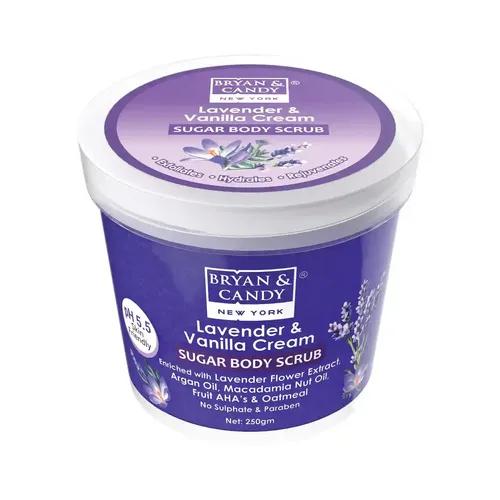 Bryan & Candy Sugar Body Scrub PH 5.5 For Tan Removal & Exfoliation | For Women & Men | 250g (Lavender & Vanilla Cream)