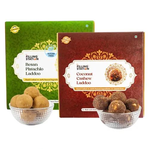 THE FILLING STATION Besan Pistachio & Coconut Cashew Ladoo |500 Gm | No White Sugar |No Preservatives | Sweetened with Palm Jaggery | Natural Ingredients_18 Ladoos_pack of 2